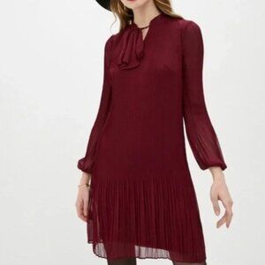 DKNY Whimsygoth Romantic Bow Tie Neck Pleated Long Sleeve Sheer Dress Shift